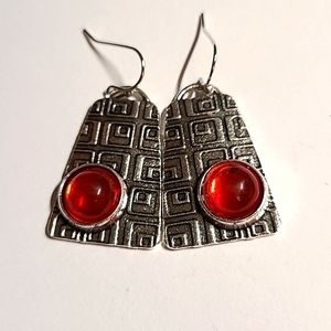 Earrings- Red Round Stones in Silver Metal
